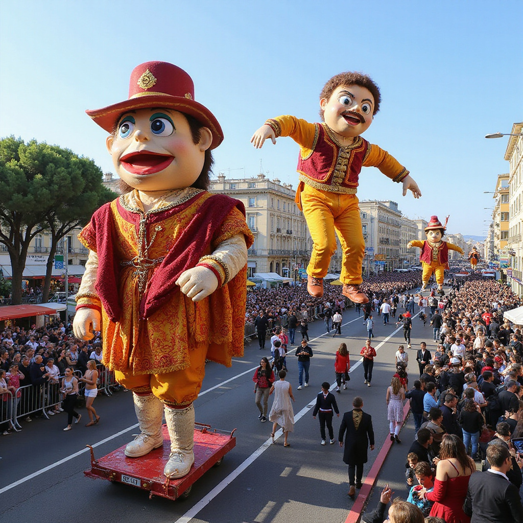 Kolorowa parada karnawałowa w Nicei z gigantycznymi kukłami na Promenade des Anglais