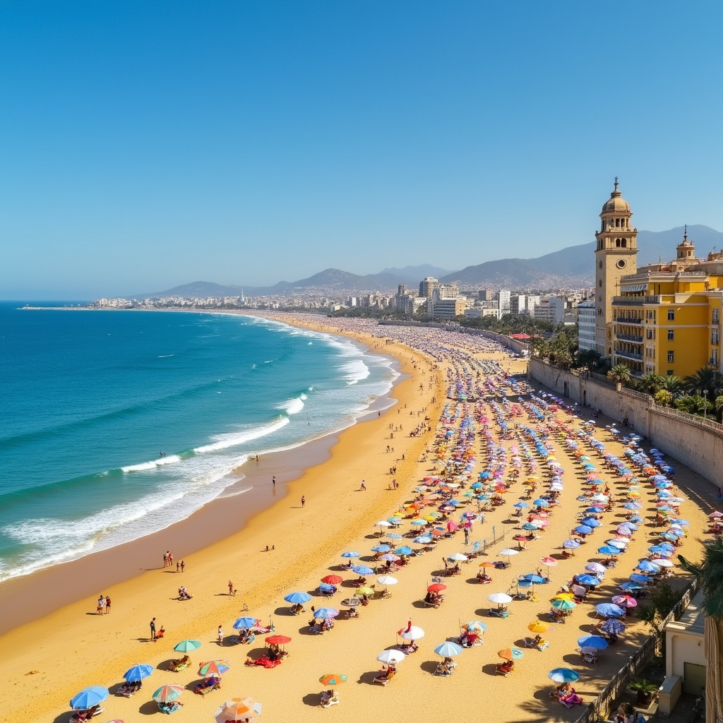 Playa de la Malvarrosa - złota plaża w Walencji z parasolami i turystami