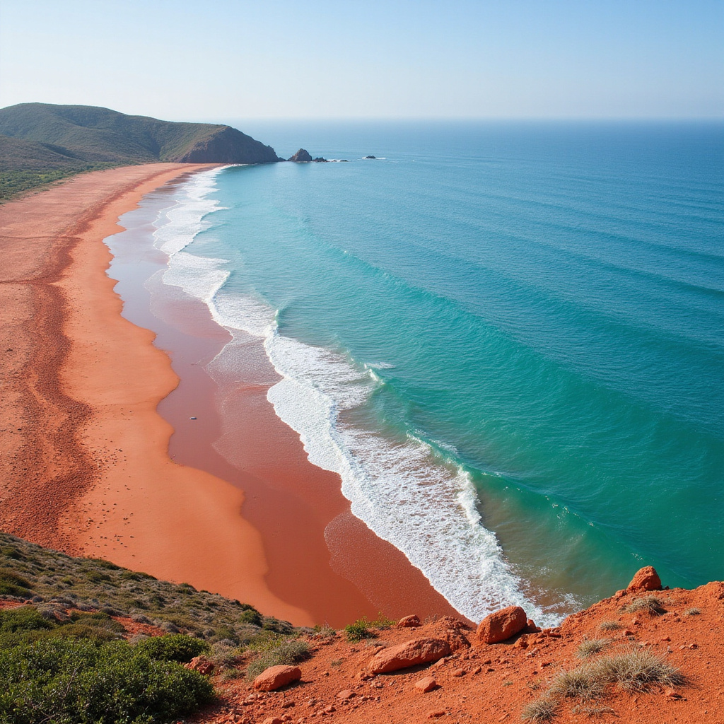 Widok na Ramla Bay z czerwonym piaskiem i turkusową wodą