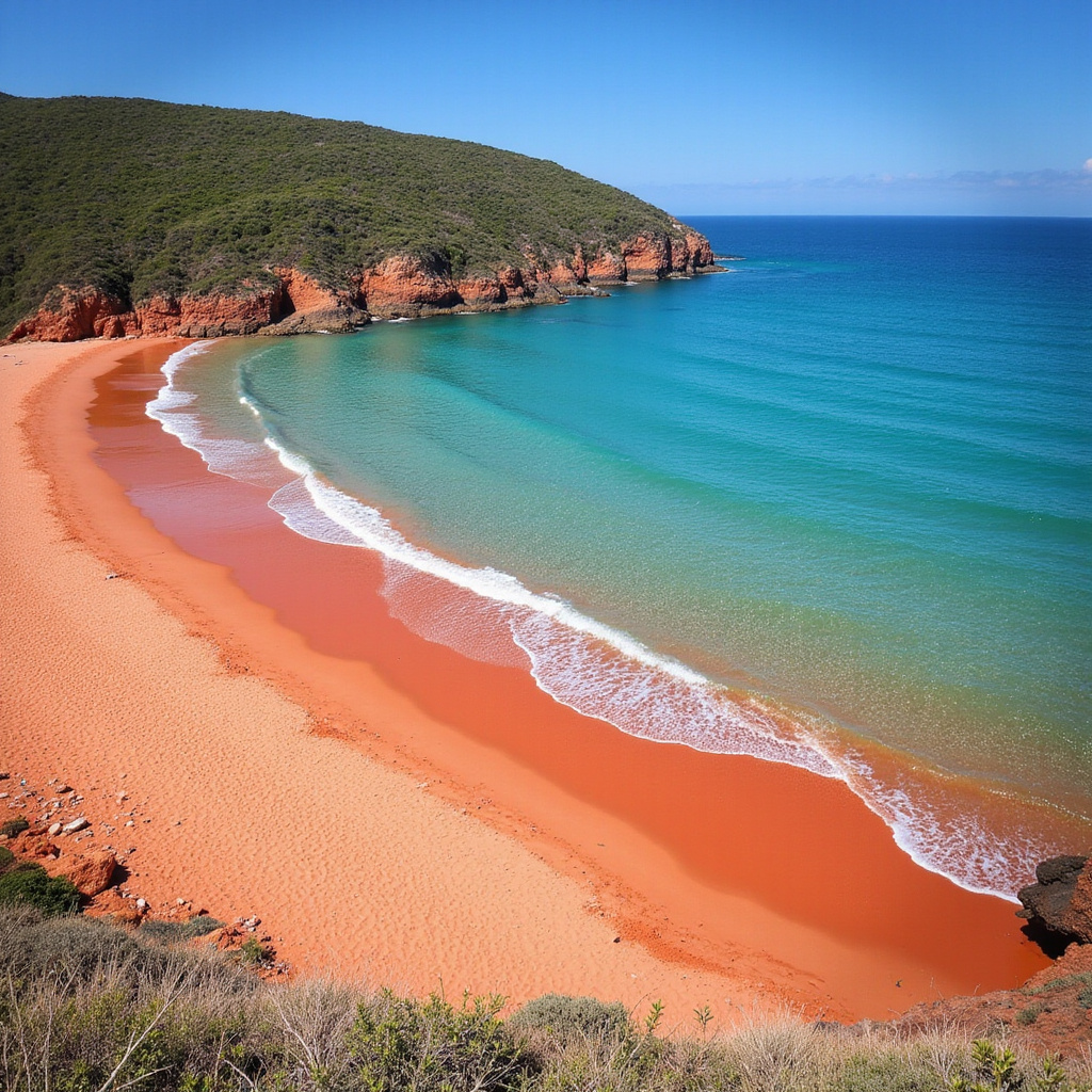 Ramla Bay plaża z czerwonym piaskiem i turkusową wodą