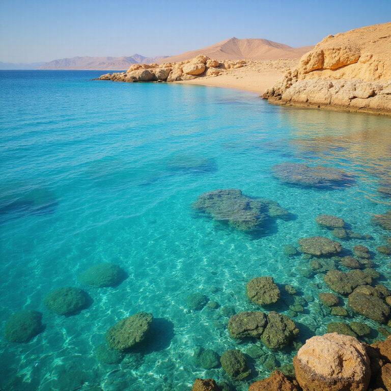 Plaża w Szarm el-Szejk z krystalicznie czystą wodą i rafą koralową