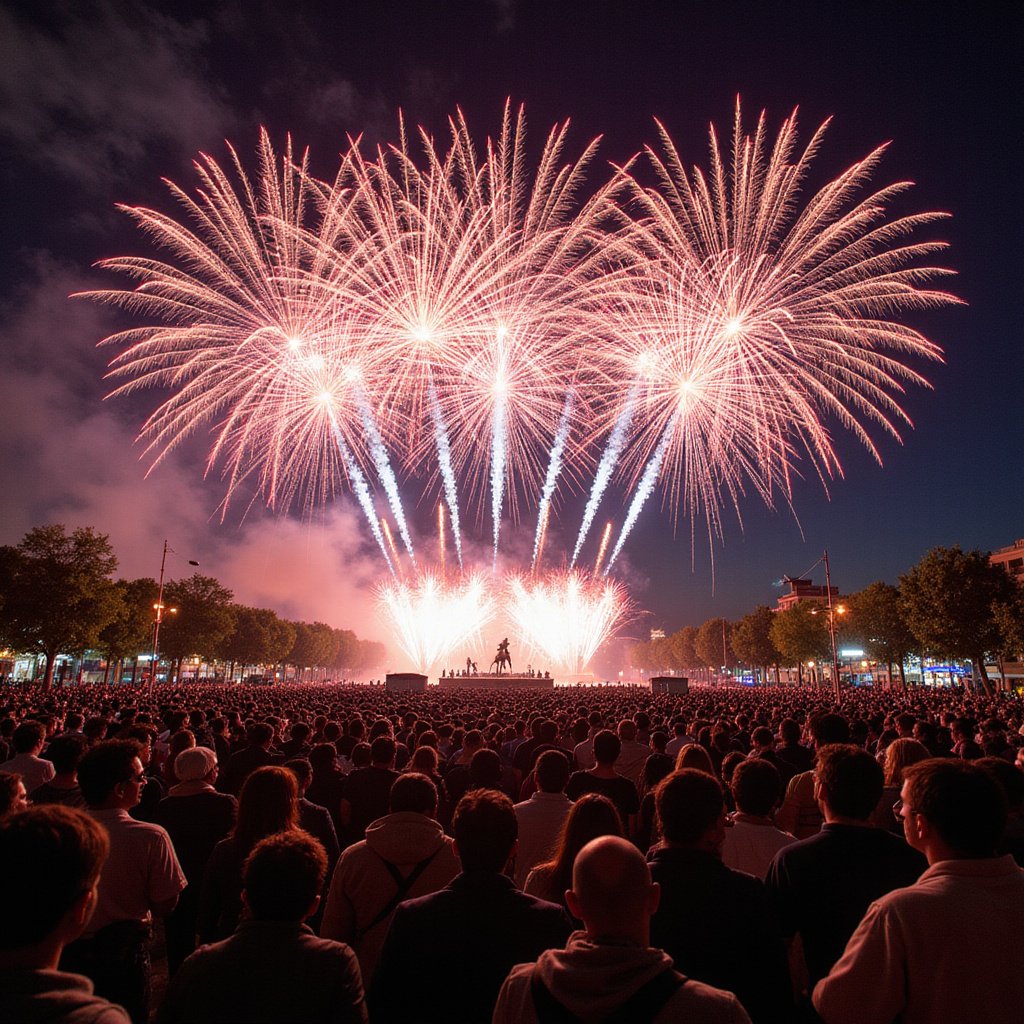 Tłum ludzi na placu w Walencji podziwiający pokaz fajerwerków La Mascletà