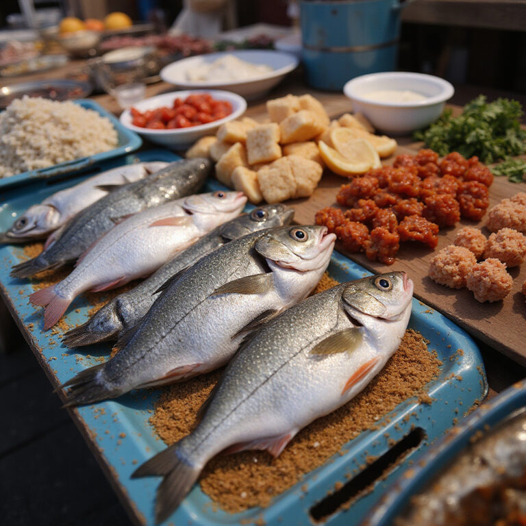 Poranny targ rybny w Zadarze z ulov dnia od kuchni, świeże ryby i owoce morza