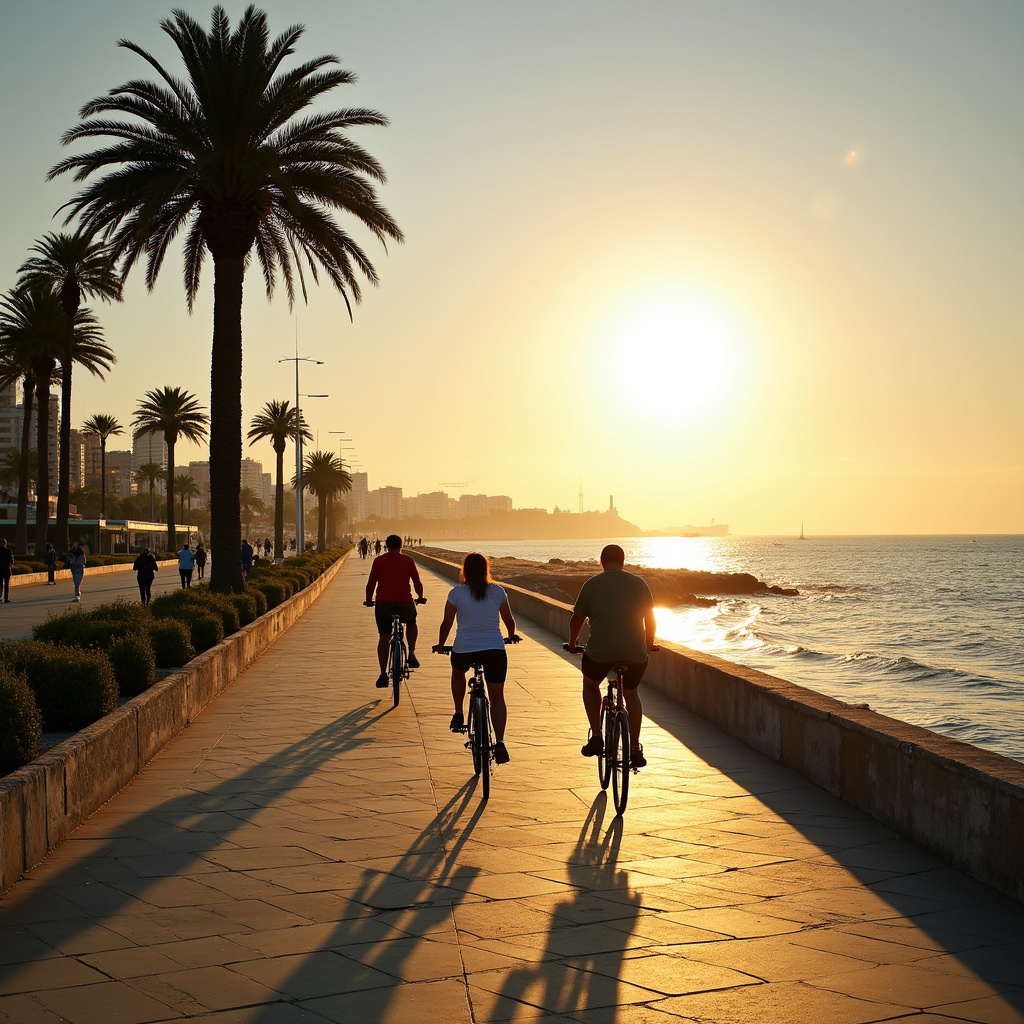 Promenada nadmorska w Kadyksie z rowerzystami i widokiem na Atlantyk