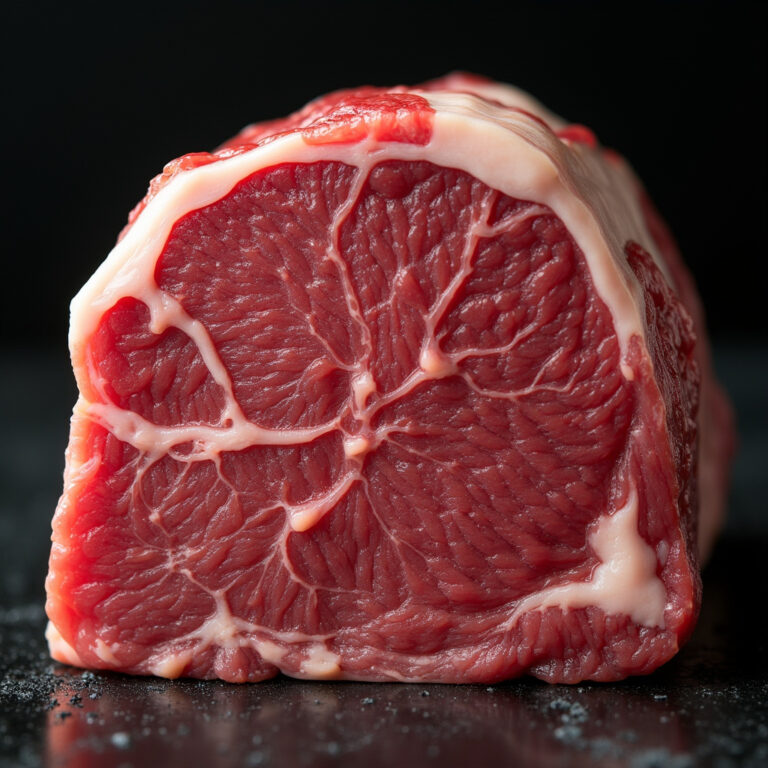 Przekrój wołowiny wagyu z widoczną marmurkowatością BMS, mięso premium