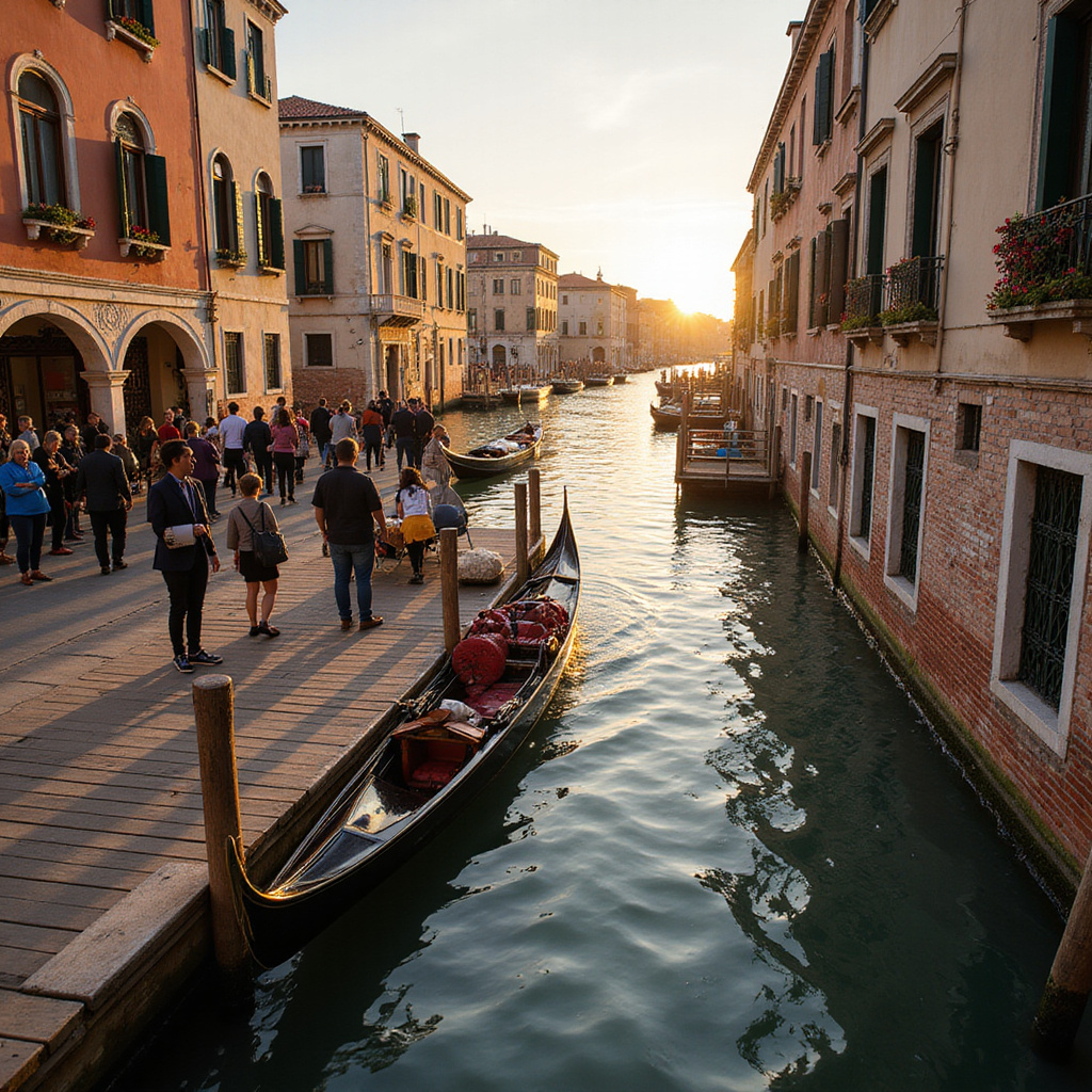 przystanek vaporetto w Wenecji, drewniane pomosty, turyści czekający na łódź