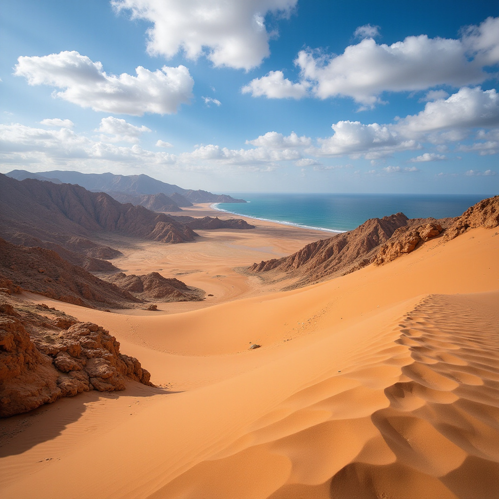 Pustynia Wadi El Gemal z widokiem na góry i morze