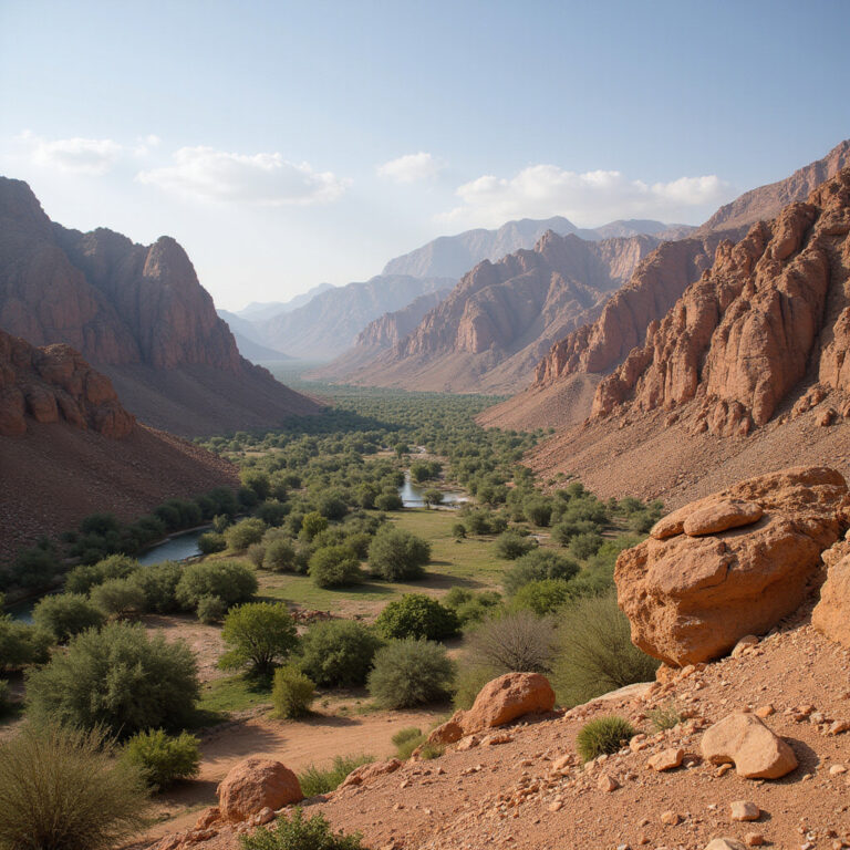 Wadi El Gemal – pustynny krajobraz z widokiem na góry i oazy