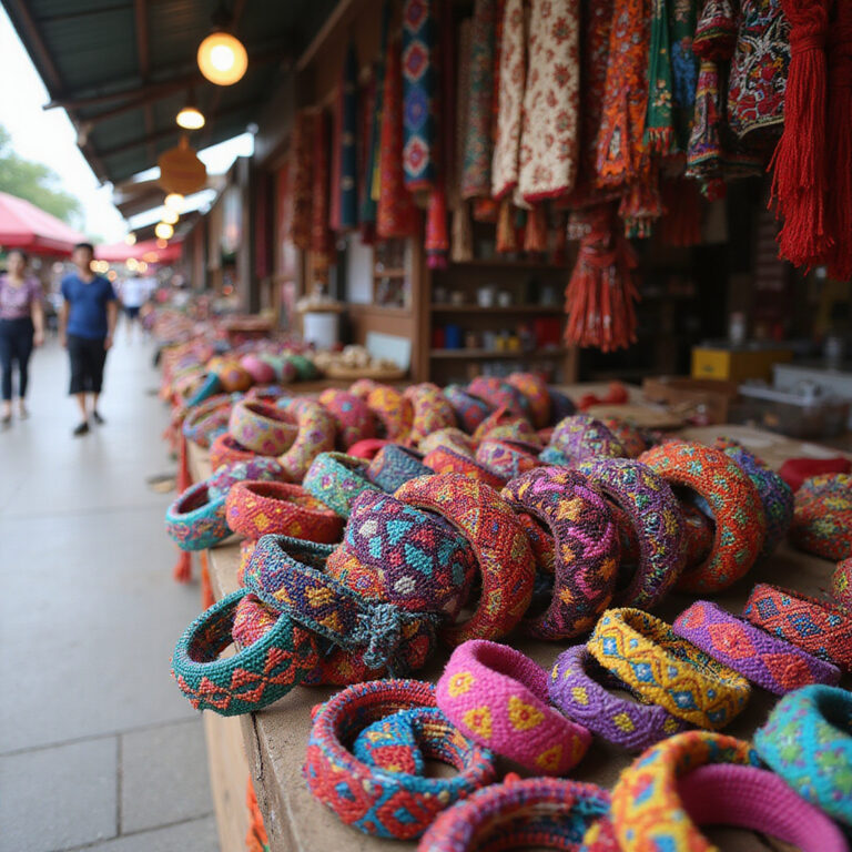 Stoisko z ręcznie tkanych bransoletek hmongskich na Han Market w Da Nang