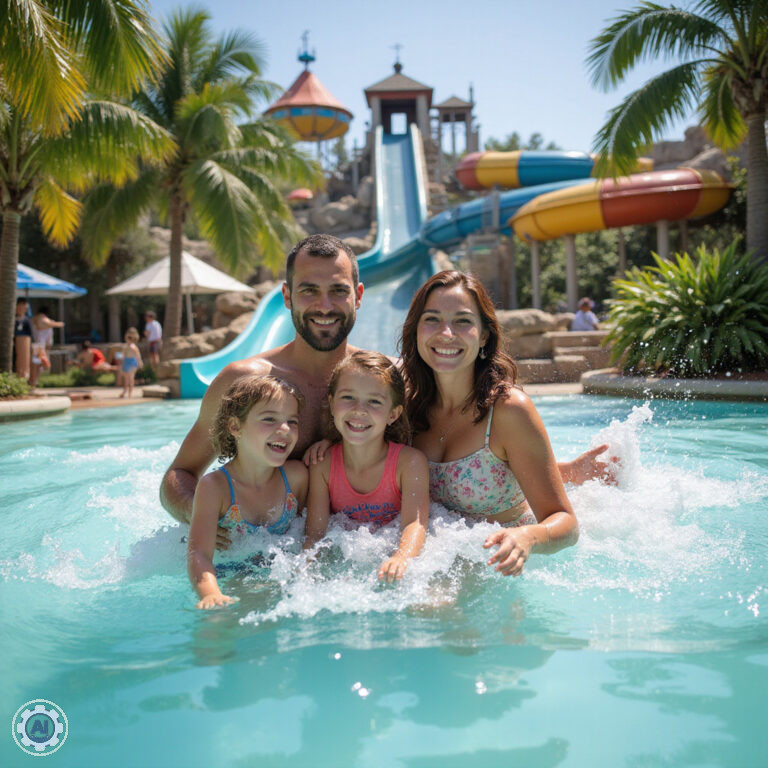 rodzina bawiąca się w parku wodnym Typhoon Lagoon w Orlando
