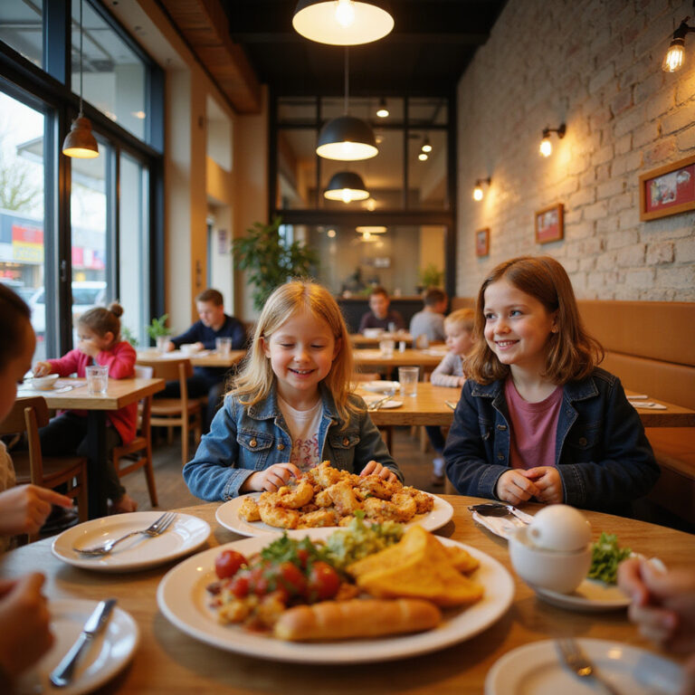 Rodzinne jedzenie w Poznaniu – dzieci bawiące się w restauracji z kącikiem zabaw