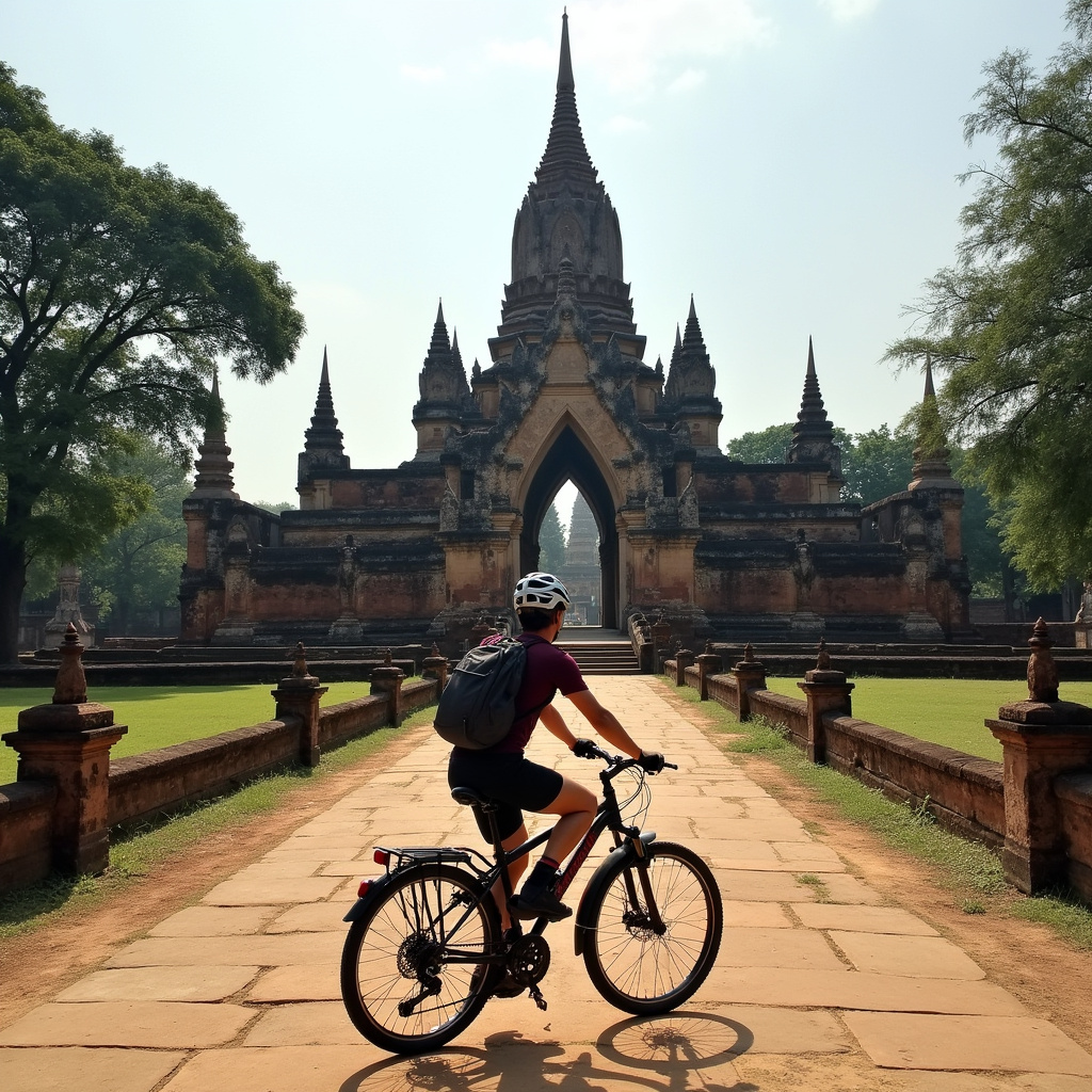 Rowerzysta przed świątynią Wat Mahathat w Ayutthaya, zwiedzanie Ayutthaya na rowerze, starożytne ruiny