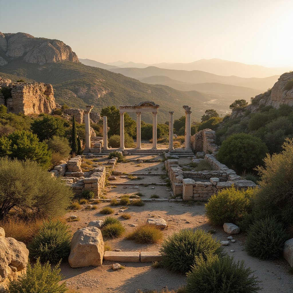 Ruiny starożytnego miasta Kedrai na tle śródziemnomorskiej roślinności