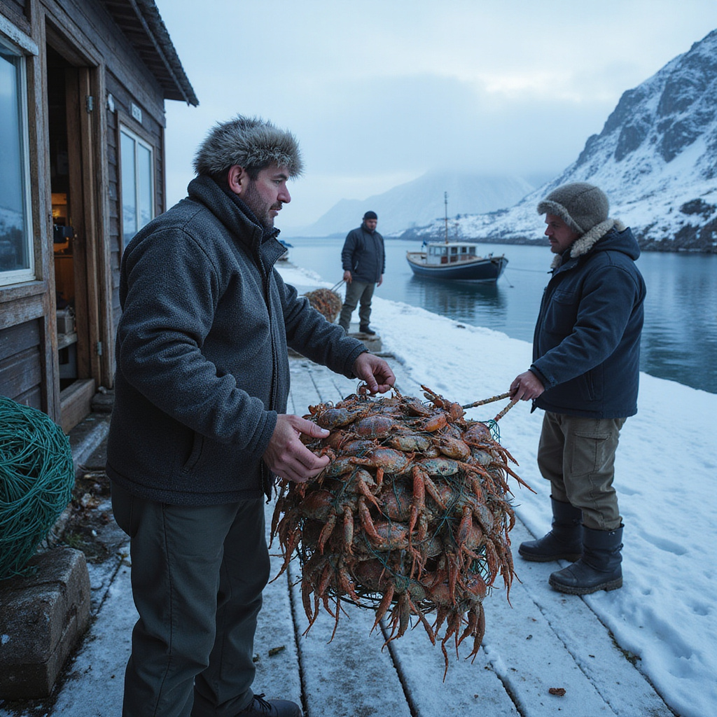 Rybacy sprzedający kraby arktyczne w Norwegii