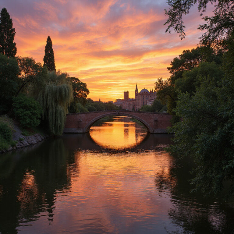 rzeka Gwadalkiwir w Sewilli z mostem w tle, andaluzyjska przyroda