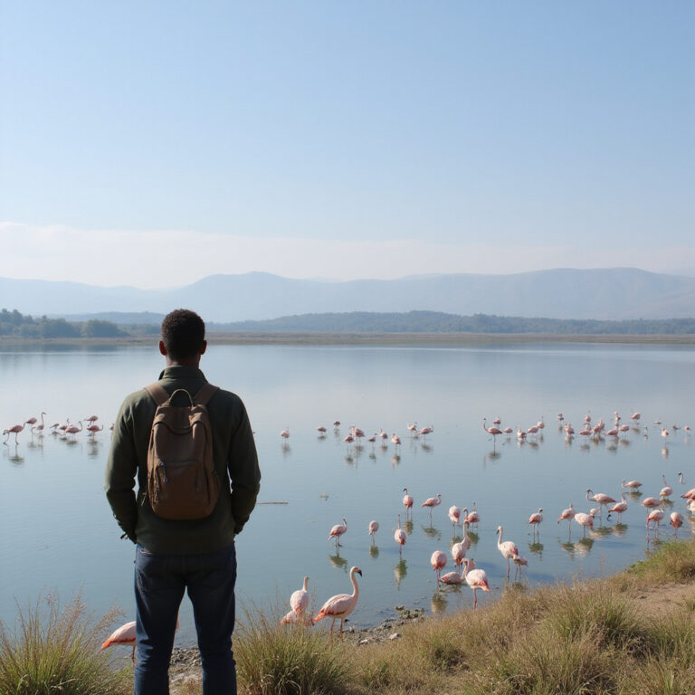 samotny podróżnik w Kenii obserwujący flamingi nad jeziorem Nakuru