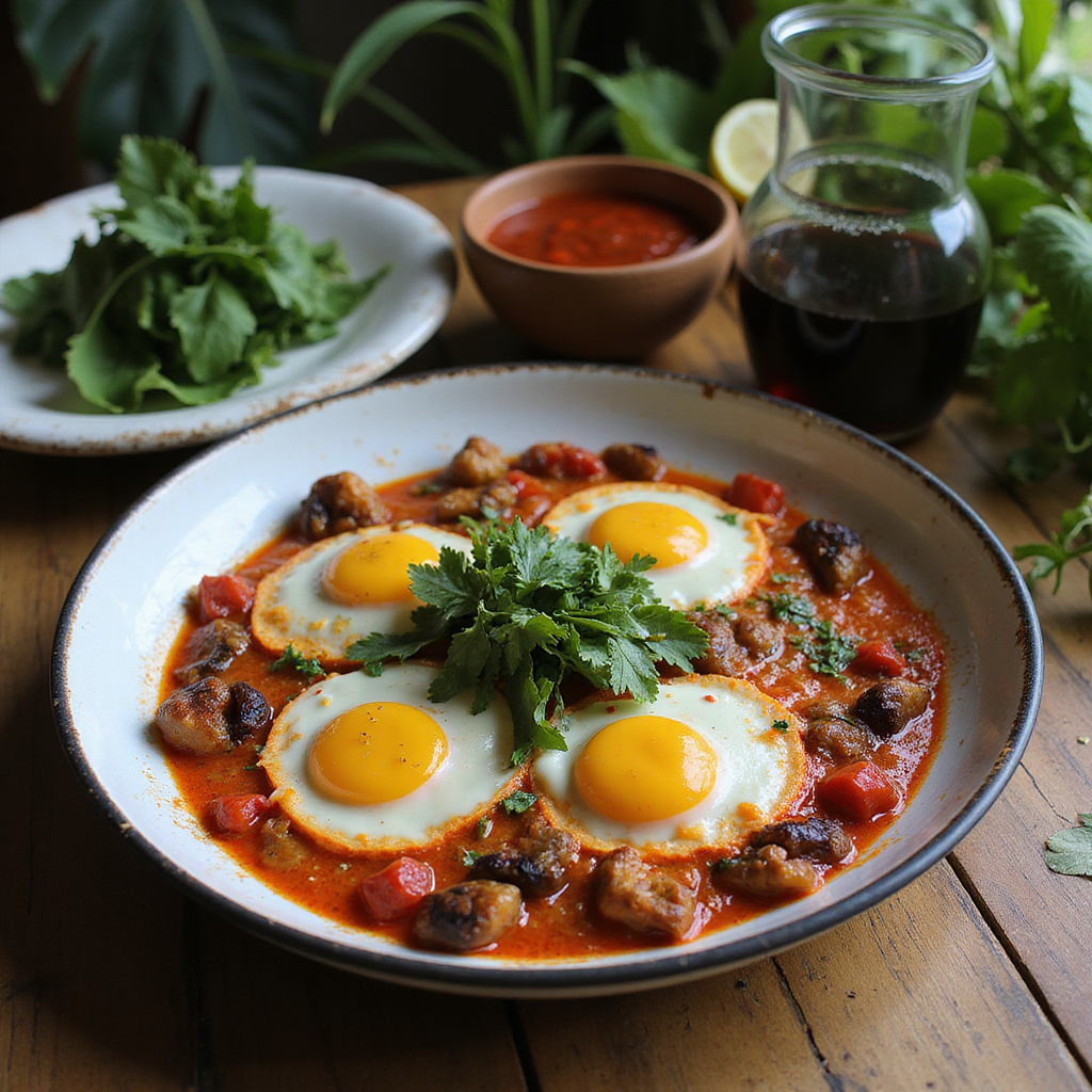 Talerz z shakshuką i lokalnymi składnikami w restauracji w Tulum