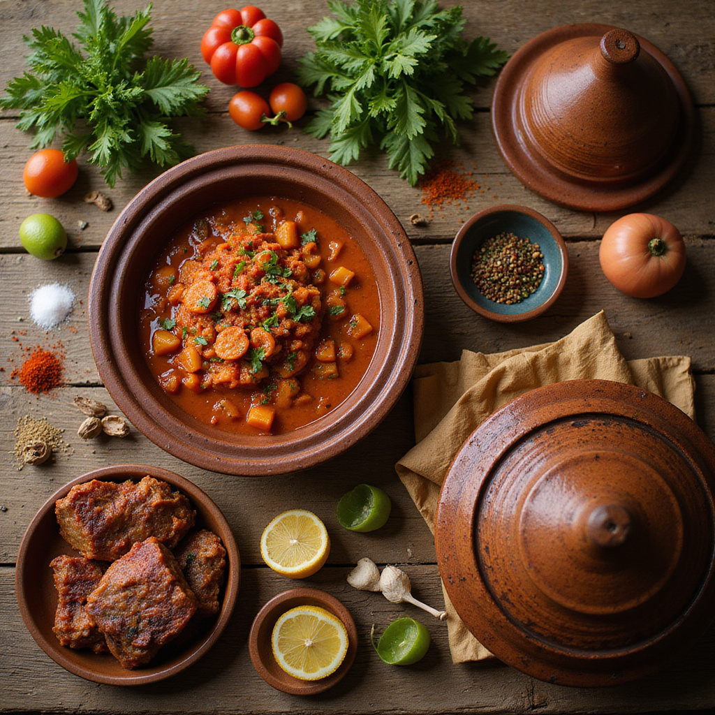 składniki do przygotowania tajine tunezyjskiego na drewnianym stole