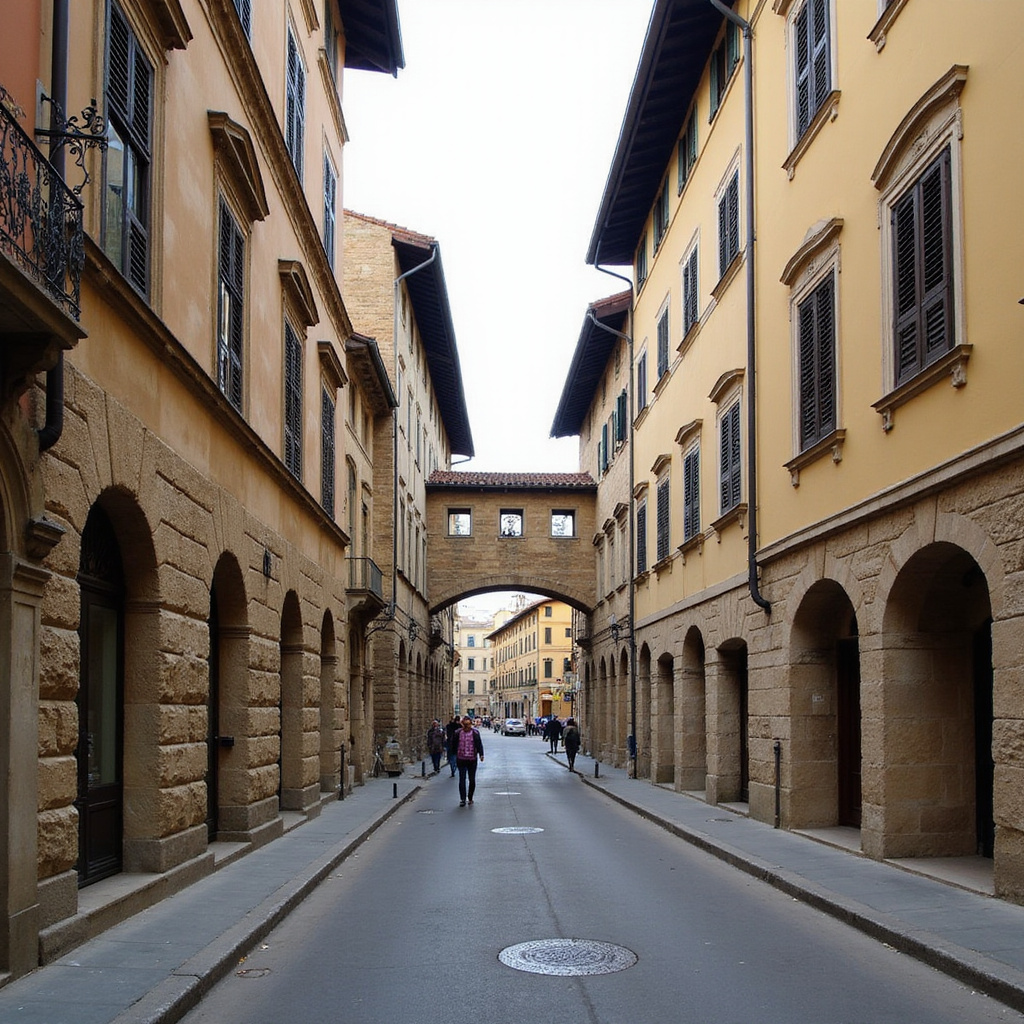 Ulica we Florencji w okolicach Ponte Vecchio z widokiem na kamienice