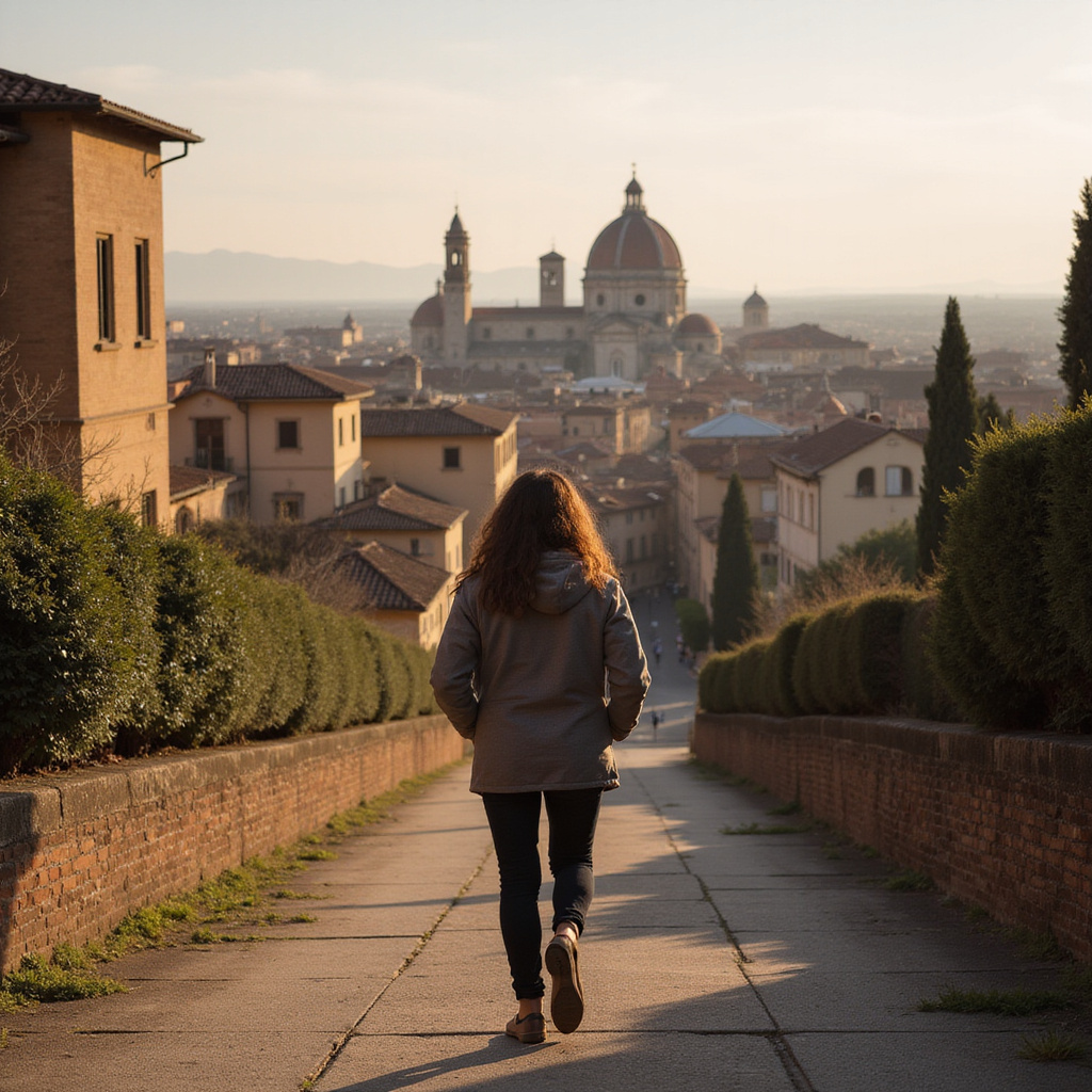 Spacerująca osoba na tle panoramy Werony z widokiem na zabytkowe budynki