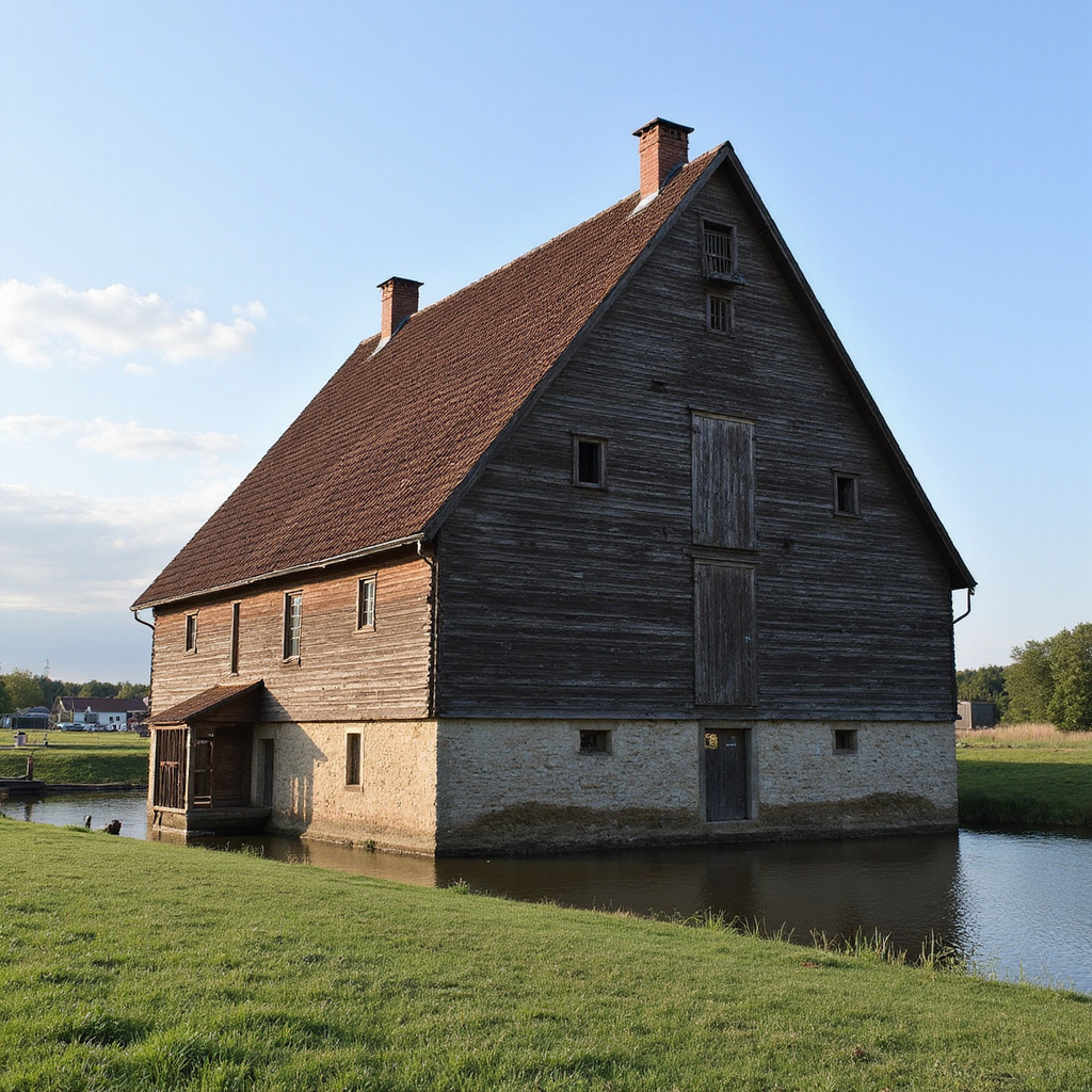 Spichlerz Pēteris nad brzegiem rzeki w Dyneburgu - drewniana konstrukcja