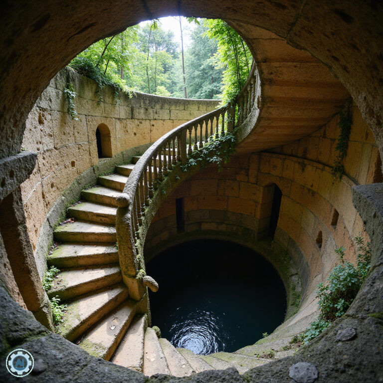 Spiralne schody Studni Inicjacji w Quinta da Regaleira, symboliczne miejsce mocy w Portugalii