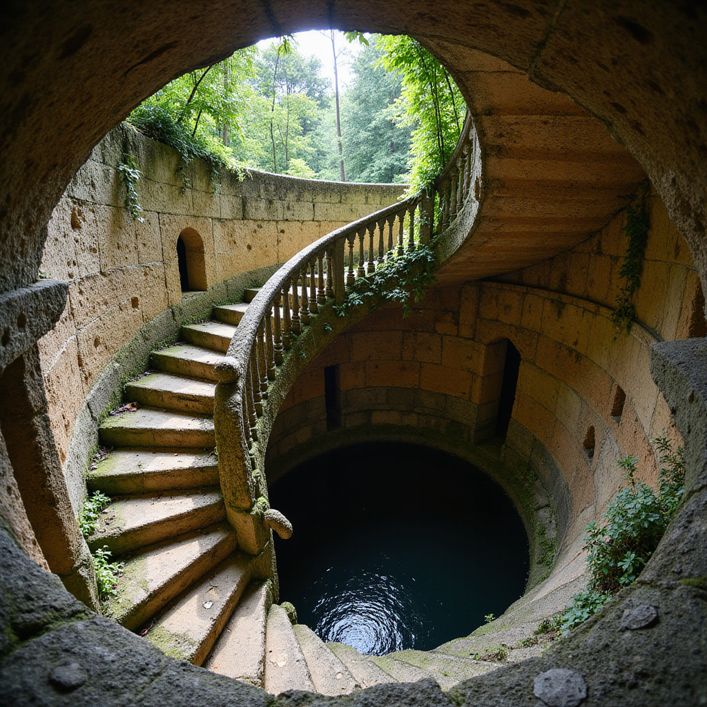Spiralne schody Studni Inicjacji w Quinta da Regaleira, symboliczne miejsce mocy w Portugalii