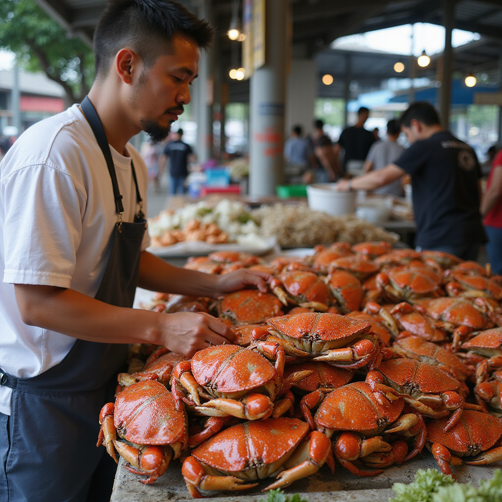 Sprzedawca prezentujący świeże kraby na targu w Da Nang, lokalny rynek owoców morza