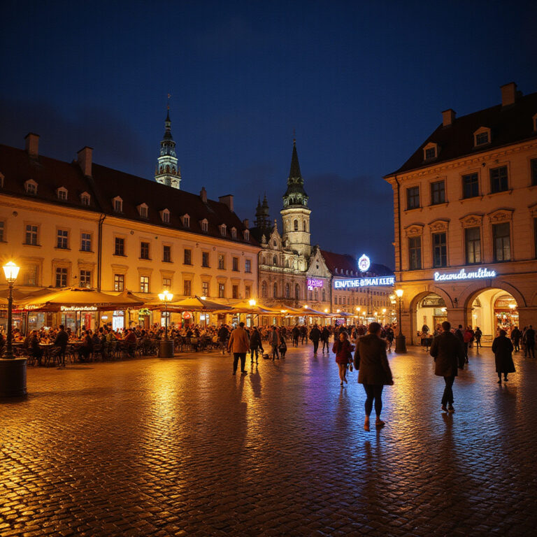 Stary Rynek w Poznaniu nocą, tętniący życiem i światłami