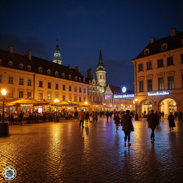 Stary Rynek w Poznaniu nocą, tętniący życiem i światłami