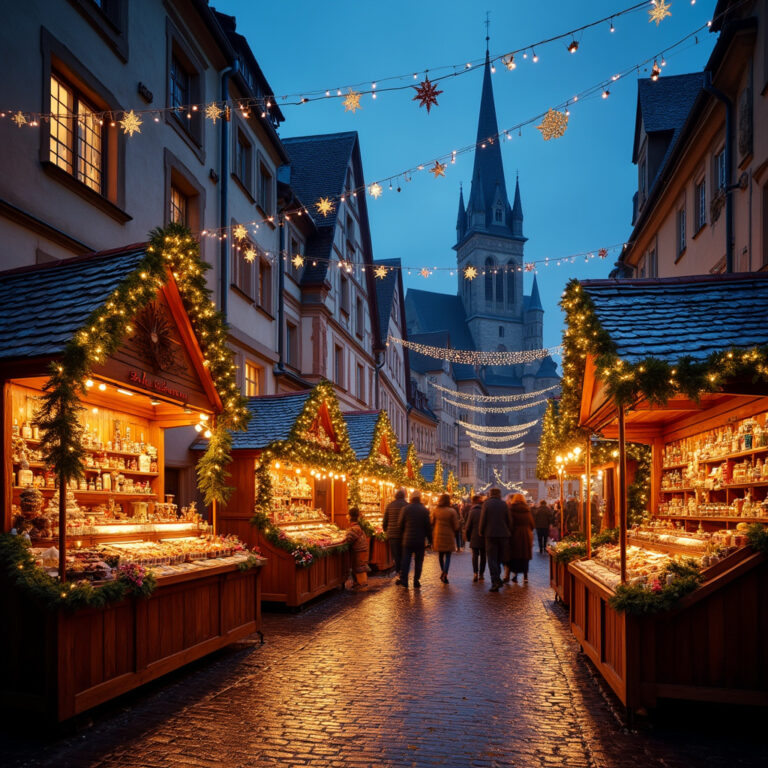 Christkindelsmärik - tradycyjny jarmark bożonarodzeniowy w Strasburgu z oświetlonymi stoiskami