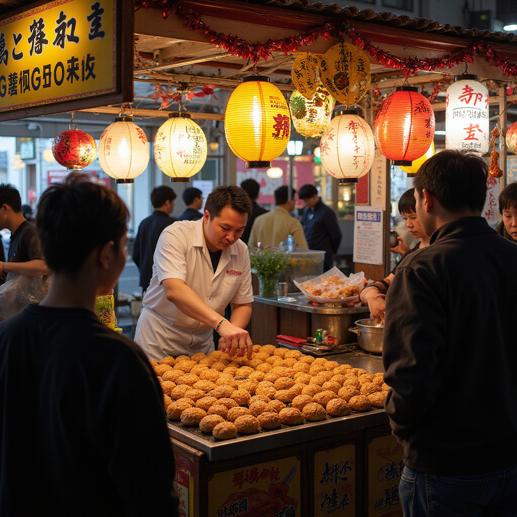 Uliczne stoisko z takoyaki w dzielnicy Tamagawacho