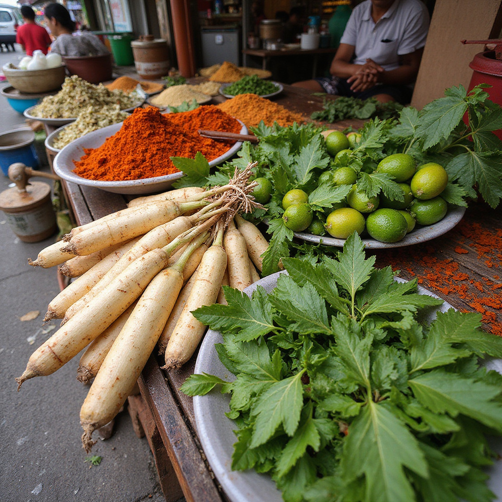 Uliczny stragan z przyprawami w Chiang Mai, galangal i liście kaffiru