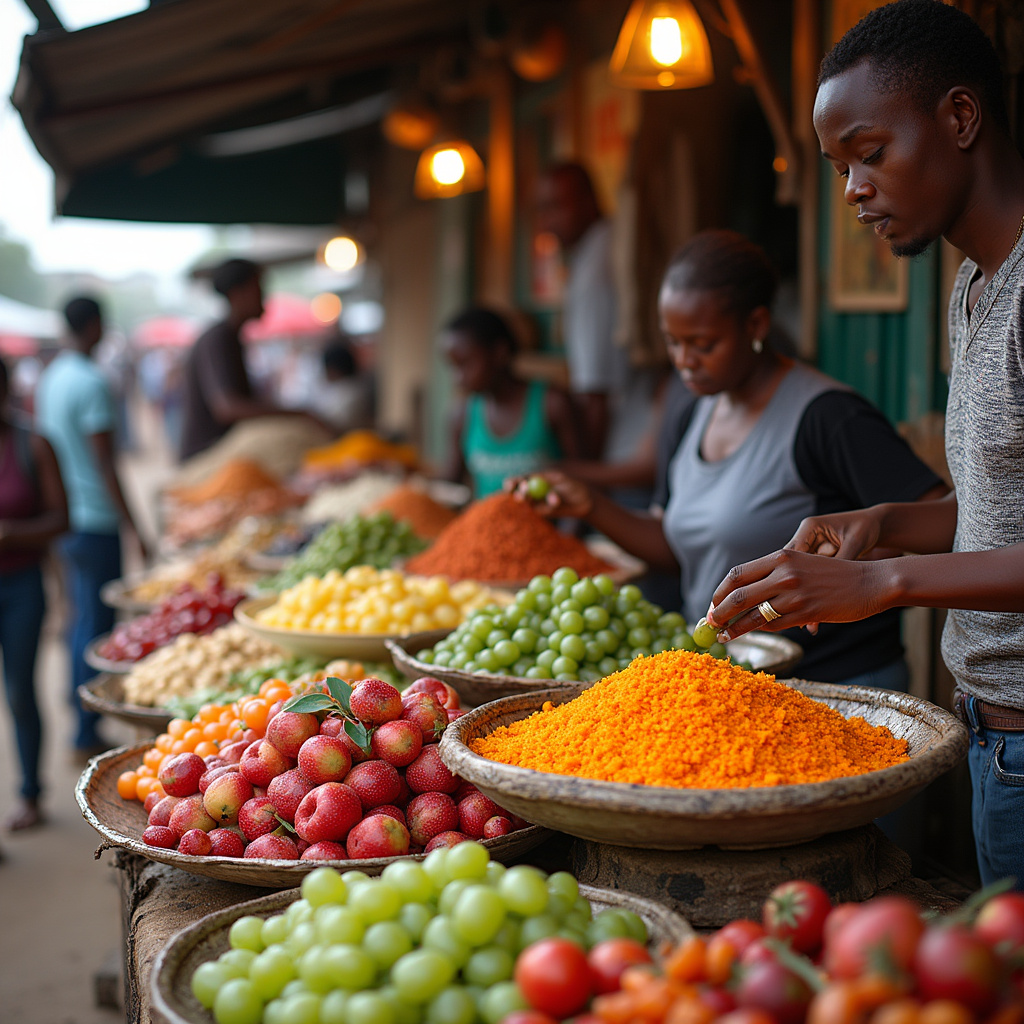 Uliczny stragan z jedzeniem w Nairobi, lokalne przysmaki i świeże owoce