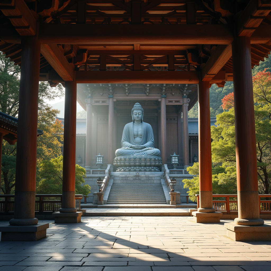 Widok na świątynię Todai-ji z drewnianą konstrukcją i Wielkim Buddą