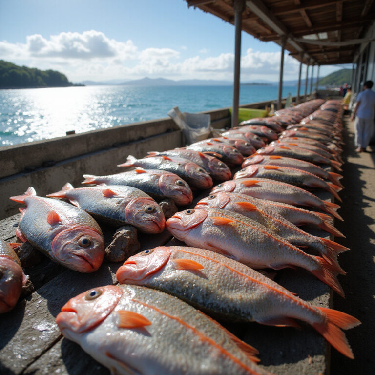 Świeże ryby na rynku w Las Terrenas z widokiem na ocean