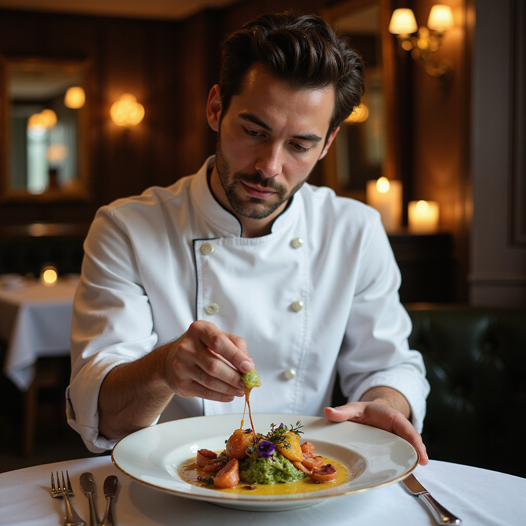 Szef kuchni prezentujący danie w paryskiej restauracji, fine dining