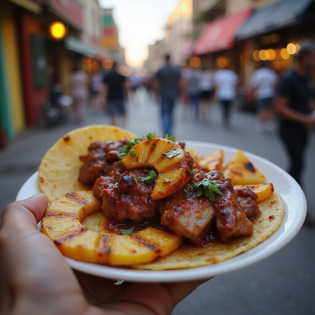 Taco al pastor na ulicy w Meksyku z mięsem i ananasem