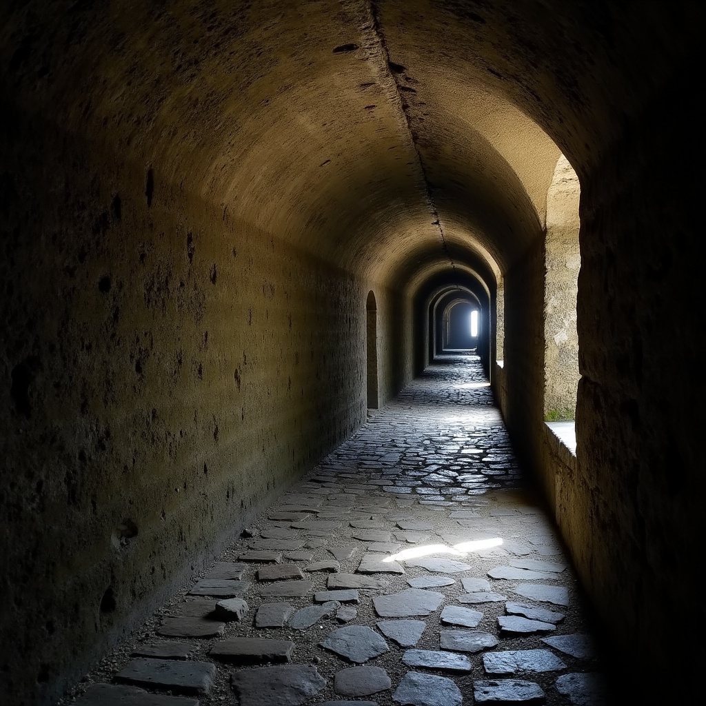 Tajne korytarze pod Wałami Chrobrego - wilgotne ściany i niskie sklepienie w historycznym tunelu