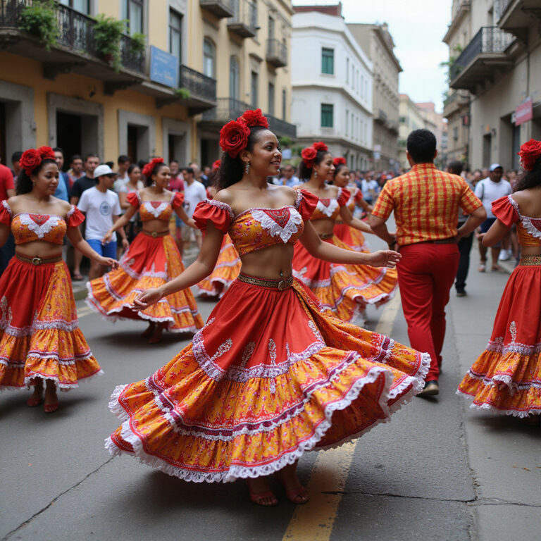 Tancerze merengue na ulicy w Santo Domingo, dynamiczny taniec, kultura Dominikany