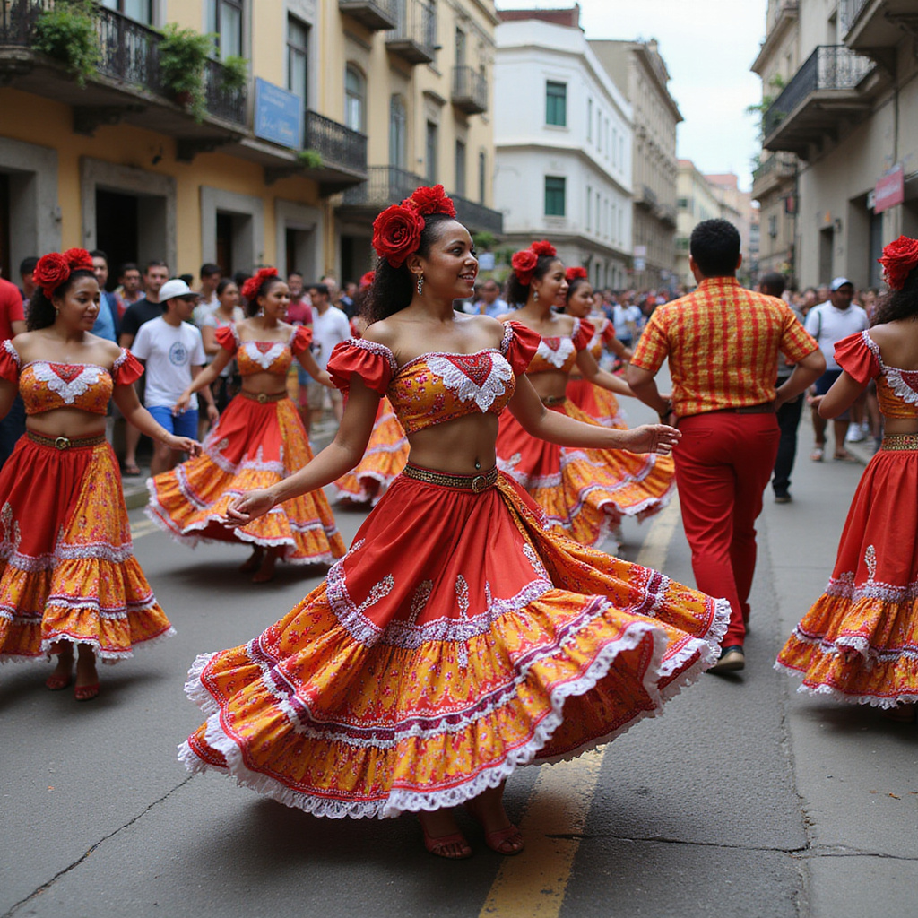 Tancerze merengue na ulicy w Santo Domingo, dynamiczny taniec, kultura Dominikany