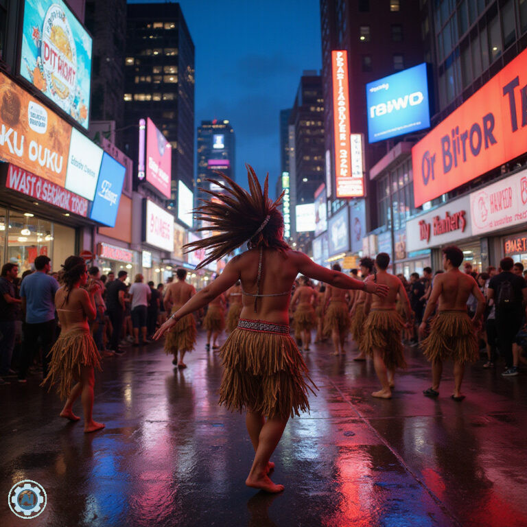 Tradycyjny taniec pow wow First Nations na tle współczesnego miasta