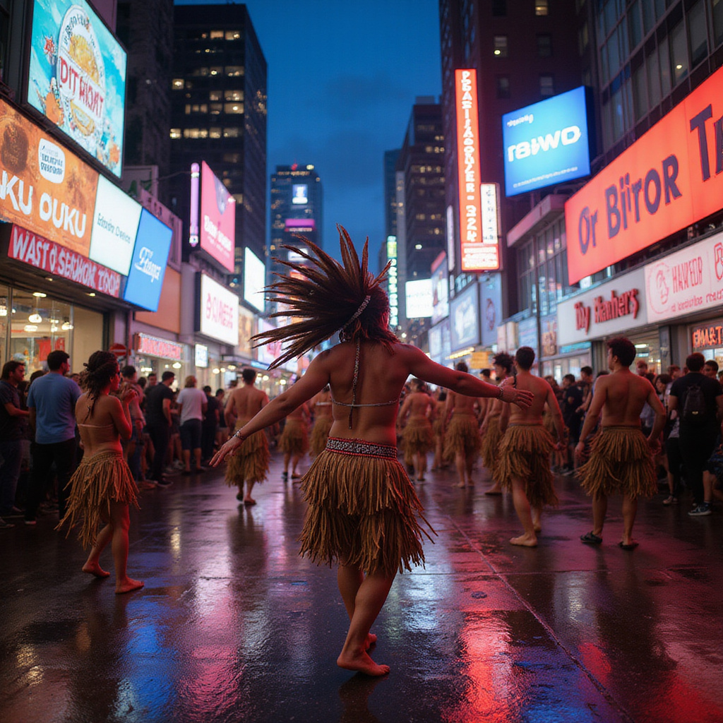 Tradycyjny taniec pow wow First Nations na tle współczesnego miasta