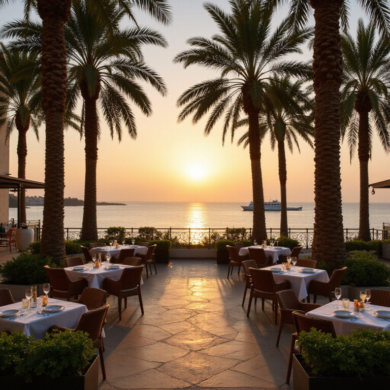 widok na tarasy restauracji w Aleksandrii z palmami i morzem w tle