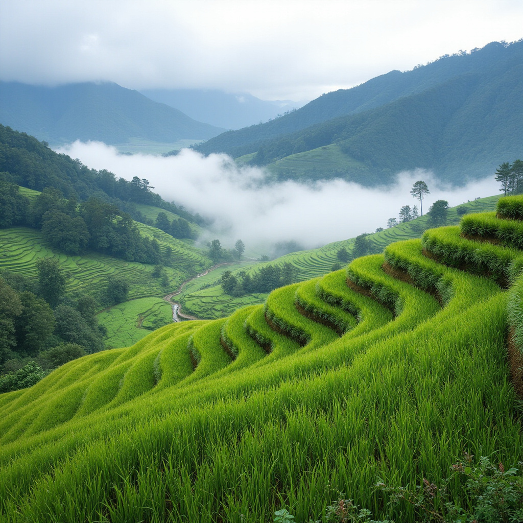 Taras ryżowy w Sapie otoczony górami i mgłą
