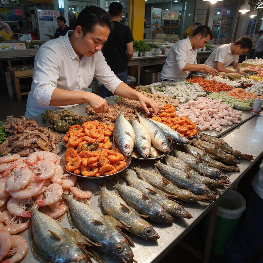 Kolorowe stragany z owocami morza na rynku w Da Nang, świeże ryby i krewetki