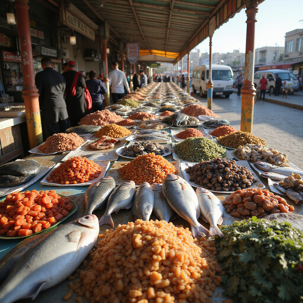 Targ rybny w Aleksandrii z świeżymi owocami morza i rybami