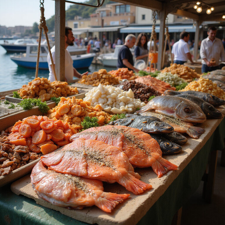Świeże owoce morza na targu rybnym w Grecji
