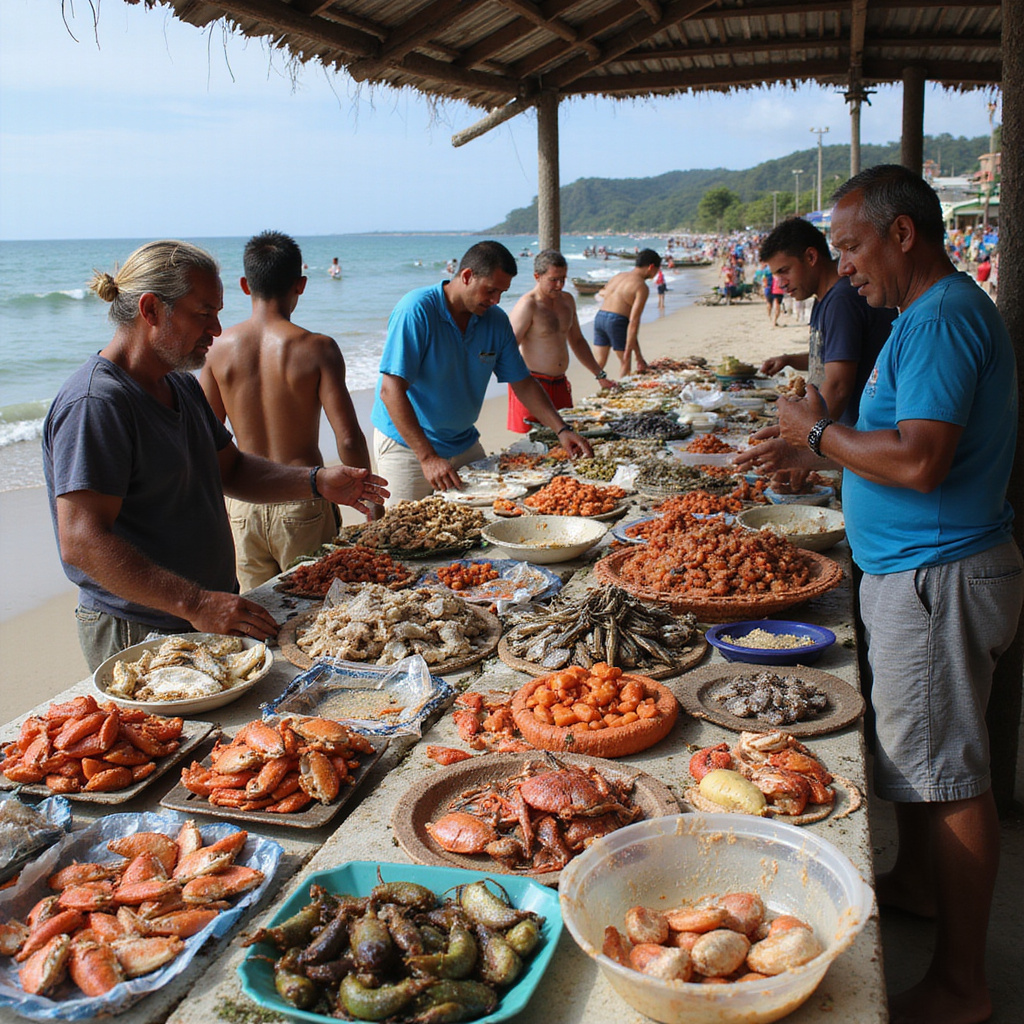 Targ rybny w Las Terrenas z lokalnymi rybakami sprzedającymi świeże owoce morza