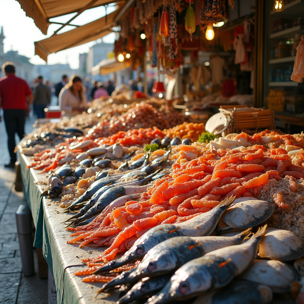Targ w Algarve ze świeżymi owocami morza i lokalnymi przysmakami